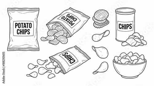 Potato Chip Packaging Vector Set –  Black-and-White Icons of Bags, Bowls, Stacks, and Containers for Snack Branding and Food Design Use