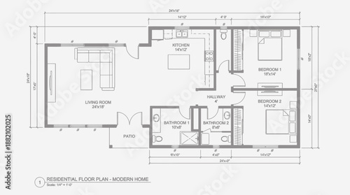 Four-Plex Apartment Floor Plan – Symmetrical Black-and-White Architectural Layout with Living, Kitchen, Bedrooms, and Central Corridor for Design and Construction Use
