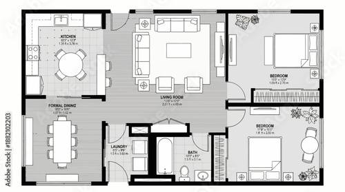 Vector Residential Apartment Floor Plan – Black and White Layout with Room Labels, Furniture Placement, and Interior Design Elements for Architectural and Real Estate Themes