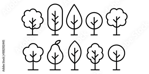 Minimalist black outline tree icons set with various shapes for nature and environment designs vector.