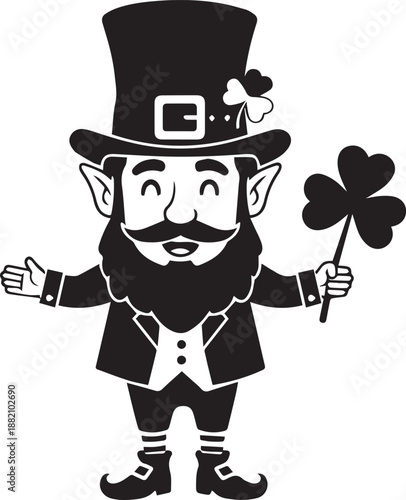 Happy leprechaun character holding a shamrock clover