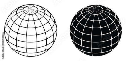 Set of Globe Earth Wireframe Outline Glyph World Sphere Map Hemisphere Meridian Latitude Longitude Icon Isolated on White Background