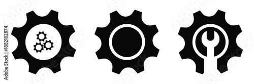 Set of Gear Sign Symbol Cog Wheel Cogs Setting Options Service Wrench Tool Outline Glyph Circle Icon Isolated on White Background
