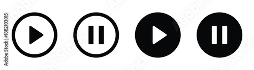 Set of Multimedia Sign Play Button Symbol Pause Stop Video Player Interface Control Rounded Outline Glyph Silhouette Icon Isolated on White Background