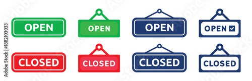Set of open and closed door sign icons representing shop service store shop business and commercial retail activity available or not available concept