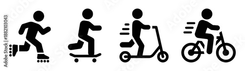 Set of personal mobility vehicles icons featuring rollers skates skateboard scooter and bike for efficient sustainable transportation options and urban commuting