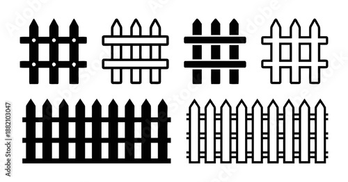 Set of Picket Fence Outline Design Element Pattern Concept Isolated on White Background Wooden Garden Fencing Decoration and Property Border Vector Illustration