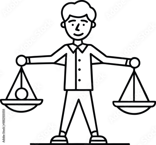 Fairness and Equality Concept: Outline Vector Illustration of a Young Professional Man Balancing Two Scales, Perfect for Law, Finance, Business Ethics, and Weighing Options.