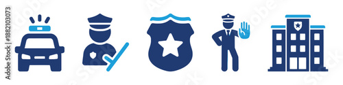 Set of police icons including car officer badge and station in vector style related to law enforcement security authority and public safety