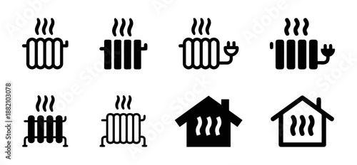 Set of Radiator Icons Heating Appliance Heater Energy and Comfort Minimal Simple Symbols Graphic Design Vector Illustration with Hot Home or House Equipments
