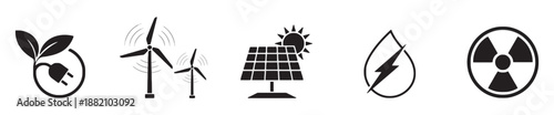 Set of renewable energy resources icons including green leaf wind turbine solar panel water drop and nuclear symbol vector illustration