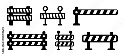 Set of Traffic Roadblock Barrier Construction as Warning Sign Symbol on Street with Black and White Striped Pattern Roadwork Fence Design Vector Isolated