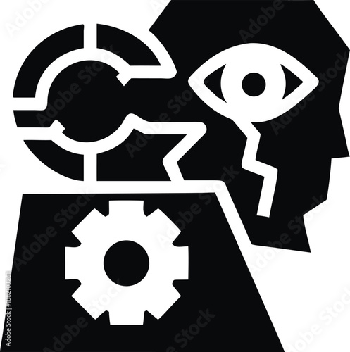 Cognitive Processing Icon: Human Head Profile with Internal Gear Mechanism, Broken Mind Symbolizing AI, Data Analysis, and Machine Learning Systems – Black Glyph Vector Illustration.
