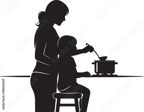 Mother and child cooking together in the kitchen silhouette illustration isolated