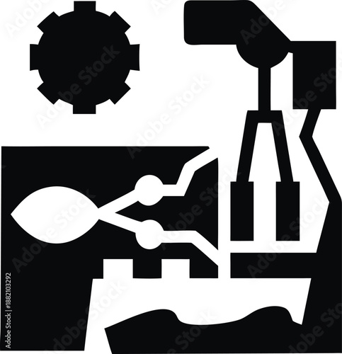 Precision Manufacturing Process Icon: Vector Graphic of Robotic Pincer Tool Working on Microchip or Component, Representing Modern Industry, Technology, and Engineering Solutions.