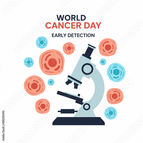 An illustration for World Cancer Day featuring a microscope surrounded by stylized cancer cells and healthy cells, emphasizing early detection.
