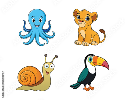 smiling octopus, lion cub, snail, toucan, cartoon vector illustration design Colorful Set collection
