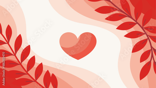 Minimalist red heart with leafy background isolated on white background, Vector