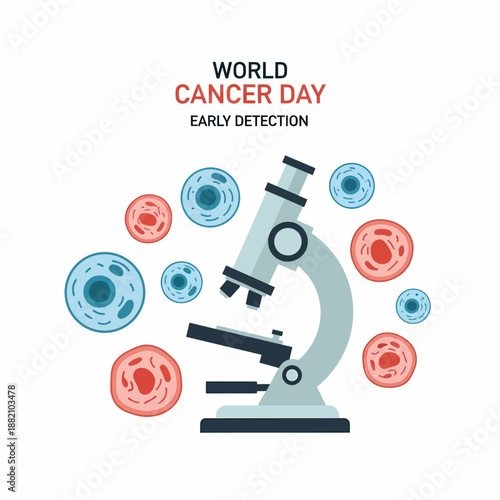 World Cancer Day illustration featuring a microscope and cells, emphasizing early detection and scientific research.