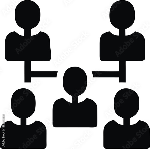 Distributed Network Connection Icon | Black Vector Graphic Representing Business Teamwork, Employee Hierarchy, Social Group Management, and Centralized Organizational Structure Symbol