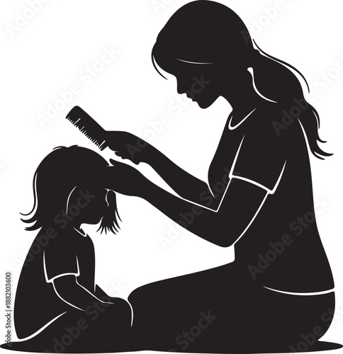Mother combing daughter hair silhouette illustration image isolated on transparent background