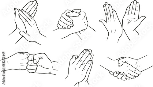 Six Hand Gestures Including Clapping Shaking Fists and Handshake