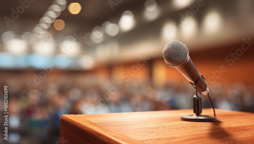 A single microphone stands ready on a polished wooden podium in an empty hall