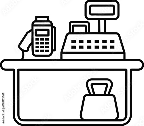 Checkout counter with cash register and payment terminal