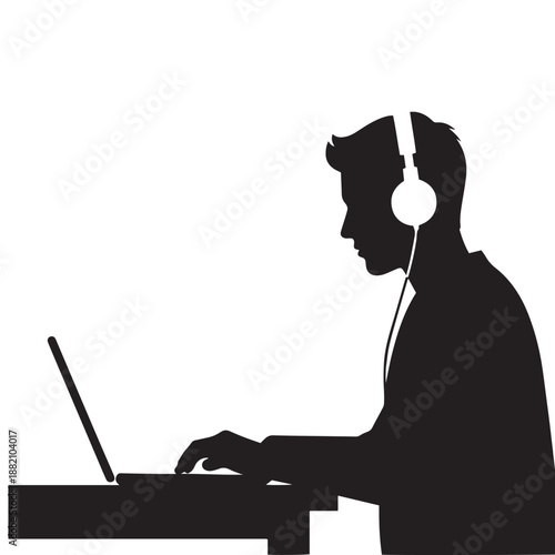 "Silhouette of Person Working on Laptop with Headphones – Remote Work Concept"
