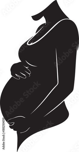 Pregnant woman silhouette profile view expecting motherhood with hands on belly isolated on transparent