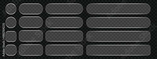 Modern transparent frame with 3d glass button shapes for ui design and morphism style. Glossy interface elements highlight smooth button concept and glass morphism aesthetics