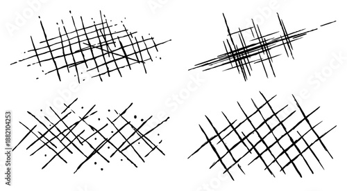 Abstract grunge crosshatch texture set, hand drawn rough scribbles and scratches, ink line art background elements