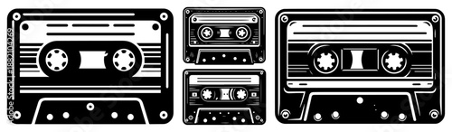 Retro audio cassette tape set, vintage 80s music mixtape, analog recording media silhouette