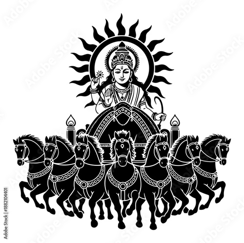 Lord Surya Hindu Sun God riding chariot with seven horses, detailed black and white mythological vector illustration