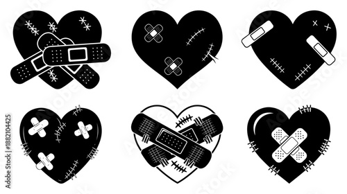 Broken heart with bandage icon set, healed injury love symbol, plaster and stitches silhouette collection