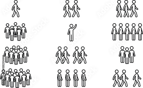 Black and White People and Crowd Icon Set Featuring Single Person Walking Groups Standing Together Large Audience Social Distancing and Human Stick Figures Collection
