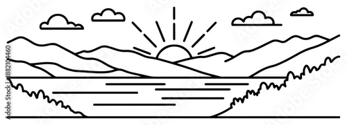 Minimalist mountain landscape line art, nature scenery with river and sunrise, outdoor adventure vector illustration