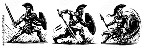 Spartan warrior silhouette set, ancient Greek gladiator fighting with sword and shield, strong soldier mascot