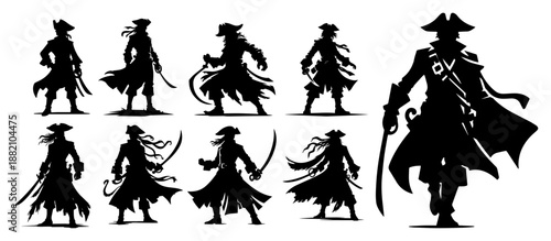 Pirate captain silhouette set, vintage naval officer with sword and hat, adventure character collection
