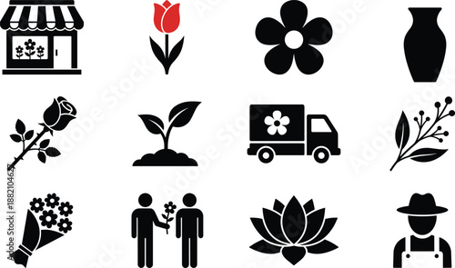 Florist and Gardening Icon Set Featuring Flower Shop Tulip Rose Bouquet Delivery Truck Potted Plant Lotus Vase Gardener and Floral Gifts for Spring Season Branding