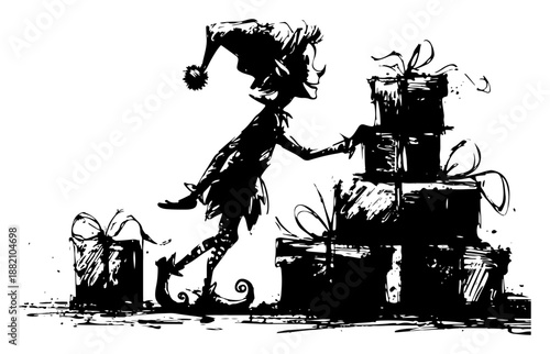 Christmas elf silhouette stacking gifts, funny Santa helper with presents sketch, holiday vector illustration