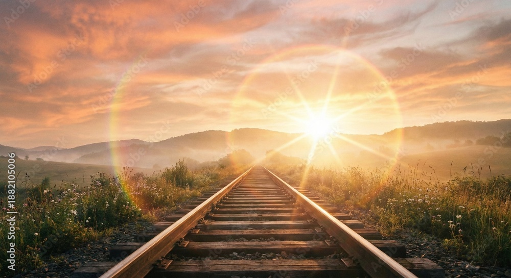 Obraz premium Cinematic railway tracks leading towards a golden sunrise with lens flare in a rural landscape 
