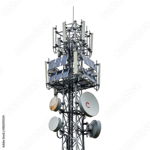 Tall telecommunications tower with multiple antennas and dishes isolated on transparent background