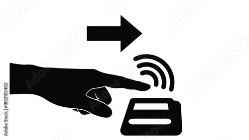 Contactless payment, hand touching credit card with NFC symbol and arrow, modern technology for secure transactions