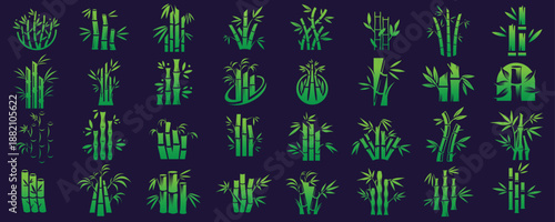 mega collection vector set of icon bamboos tree logos. gradient green color branding on dark background.