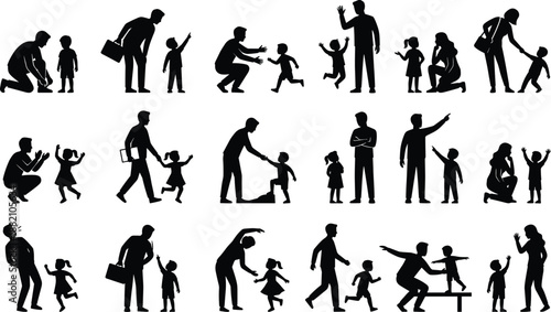 Black family and parenting silhouette set showing parents interacting, guiding, and bonding with children in daily life moments isolated on white background for social lifestyle concepts