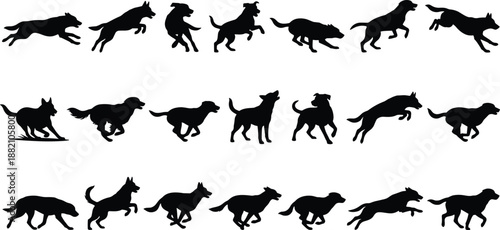 Black dog silhouette set showing running, jumping and playing dog poses in motion isolated on white background for animal action design and pet concepts