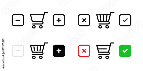 Shopping Cart Icon Set with Addition Subtraction Checkmark and Cancellation Symbols Representing Ecommerce Functions for Online Retail Applications
