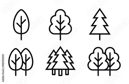 Simple set of tree icons design in vector style with leafy and coniferous shapes isolated on a white background for landscaping or nature concepts