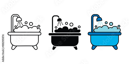 Bathtub with soap foam icon, bath tub with shower head icon.  Foaming water sign. Hygiene pictogram vector illustration.